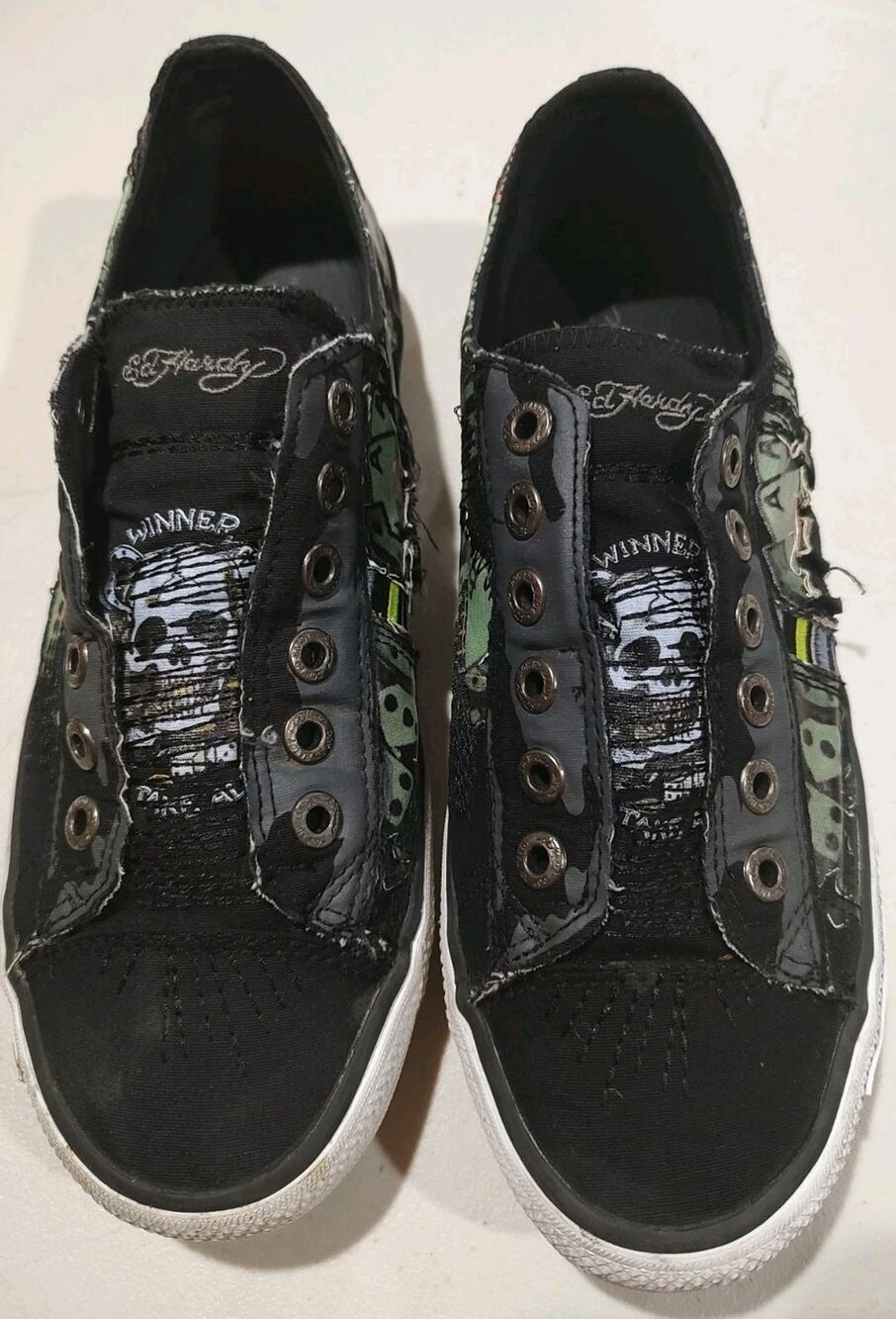 Women's Vintage Ed Hardy Slip-On Y2K Black Skull Tattoo - Size 10